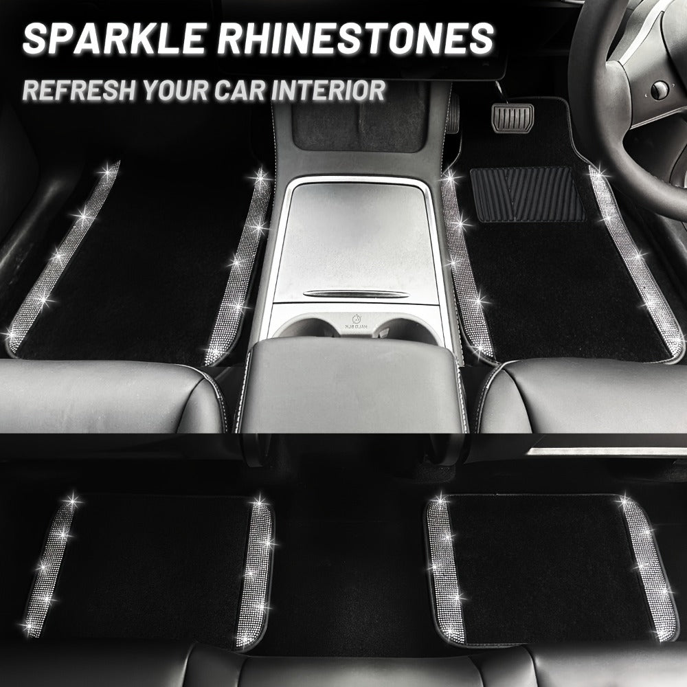 Bling Car Floor Mats Full Set – Rhinestone Sparkle Glitter Diamond Carpet, Universal Fit Cars SUV Trucks, 4pcs Anti-Slip Pad, Cute Car Accessories for Women & Girls