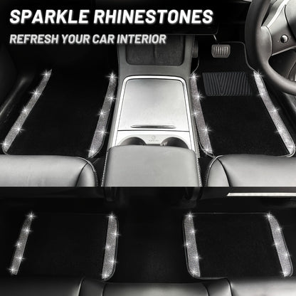 Bling Car Floor Mats Full Set – Rhinestone Sparkle Glitter Diamond Carpet, Universal Fit Cars SUV Trucks, 4pcs Anti-Slip Pad, Cute Car Accessories for Women & Girls