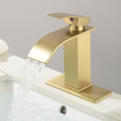 Waterfall Bathroom Sink Faucet, Single Hole or 3-Hole Mixer Tap with 6" Deck Plate, Ceramic Valve, Vanity Faucet for Farmhouse RV Bathroom, Brushed Gold Matte Black Nickel Chrome