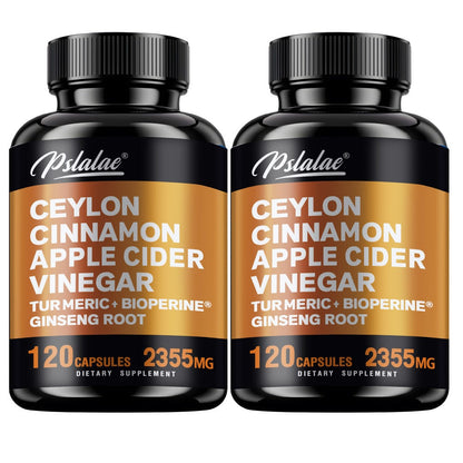 Ceylon Cinnamon Capsules 120 Count with Apple Cider Vinegar Turmeric Bioperine & Ginseng — 5-in-1 Blood Sugar Metabolism & Immune Support Herbal Supplement for Women and Men