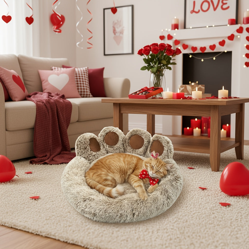Dog Bed Cat Bed Bear Paw Shaped Donut – Calming Round Plush Pet Mattress, Warm & Soft Cuddler Bed for Dogs and Cats, Includes Pet Scarf, Sizes S to 2XL, Colors: Coffee, Pink, Grey, Brown