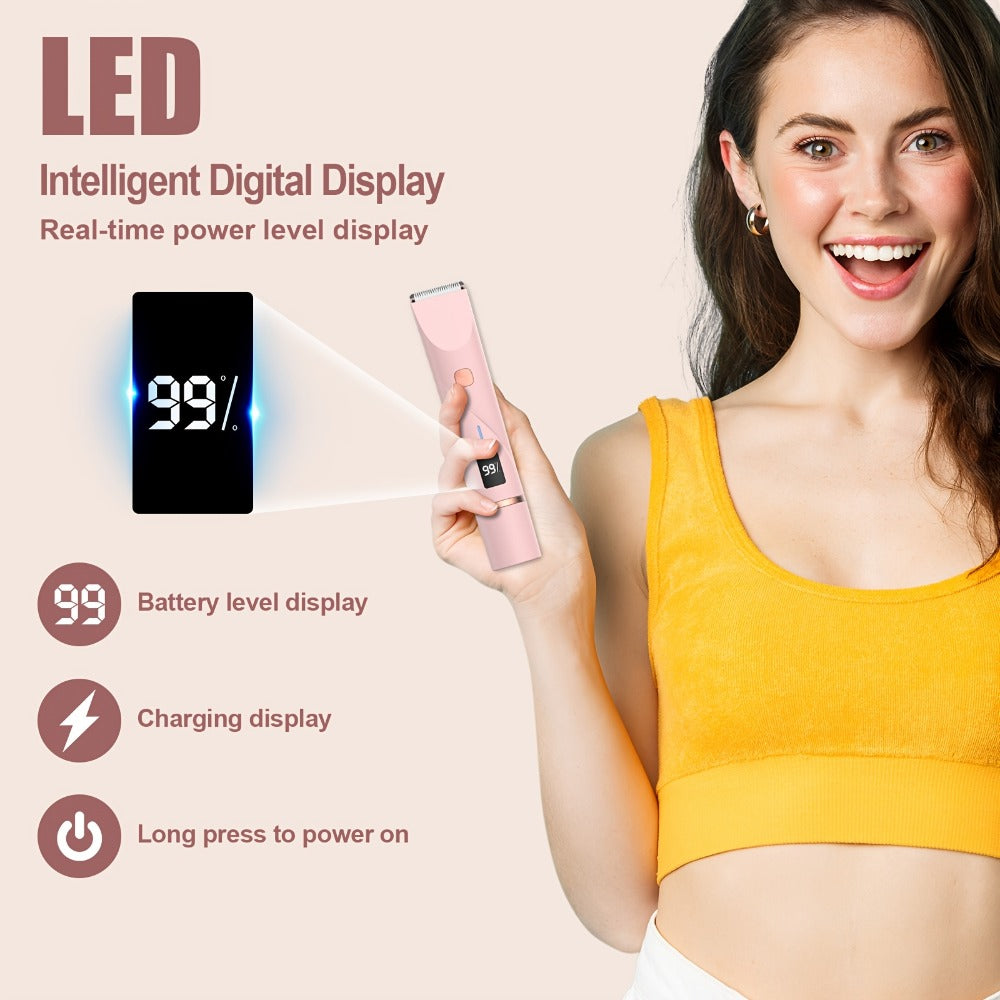 Electric Bikini Trimmer for Women 2-in-1 Dual Head with Digital Display — Wet & Dry Painless Hair Removal for Bikini Line, Legs & Underarms, Rechargeable Cordless Shaver