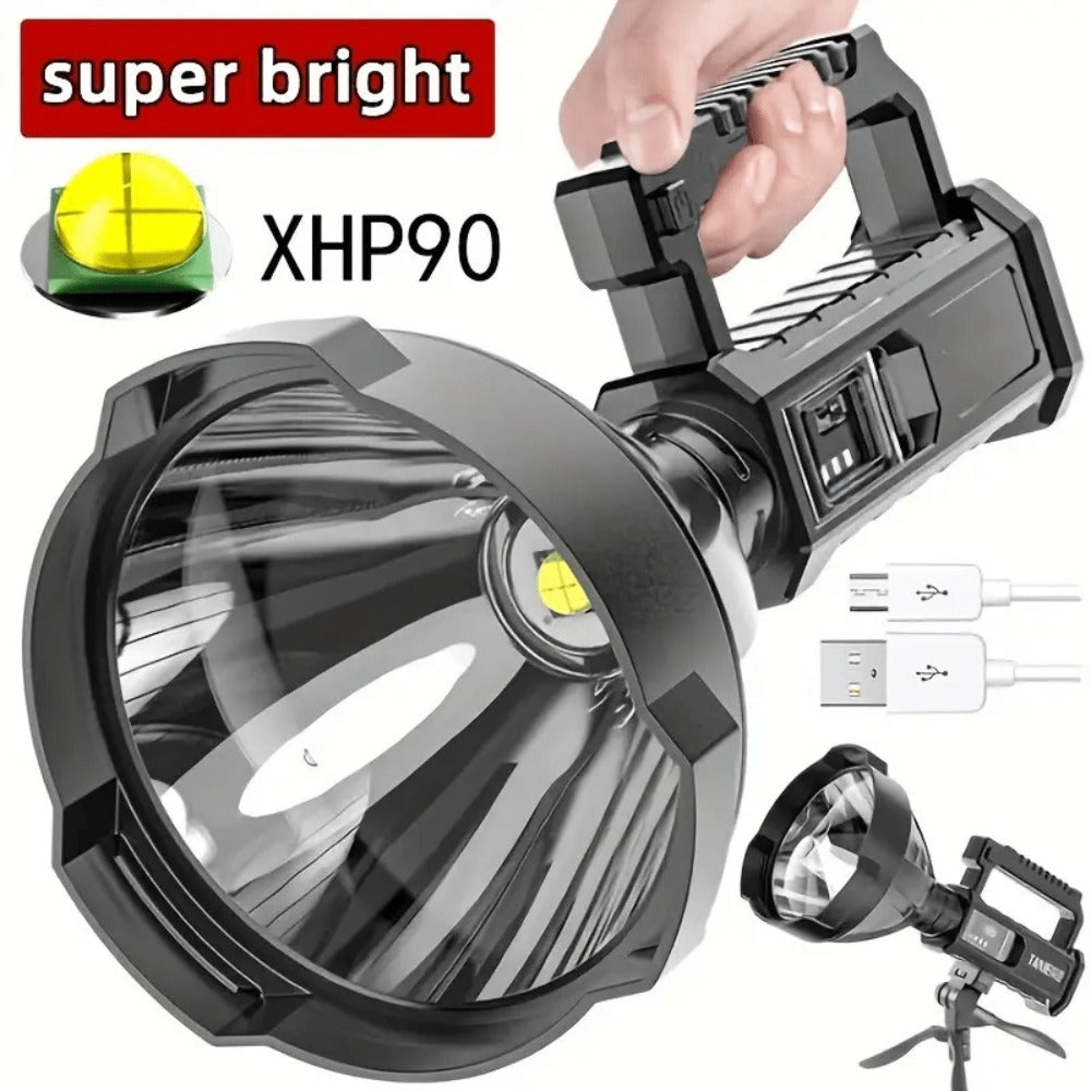 XHP90 High Power LED Flashlight USB Rechargeable Powerful Spotlight Searchlight – 4 Modes, Camping Lantern Torch with Bracket for Fishing Camping Hiking Hunting Outdoor Adventure Patrol