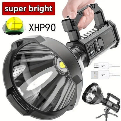 XHP90 High Power LED Flashlight USB Rechargeable Powerful Spotlight Searchlight – 4 Modes, Camping Lantern Torch with Bracket for Fishing Camping Hiking Hunting Outdoor Adventure Patrol