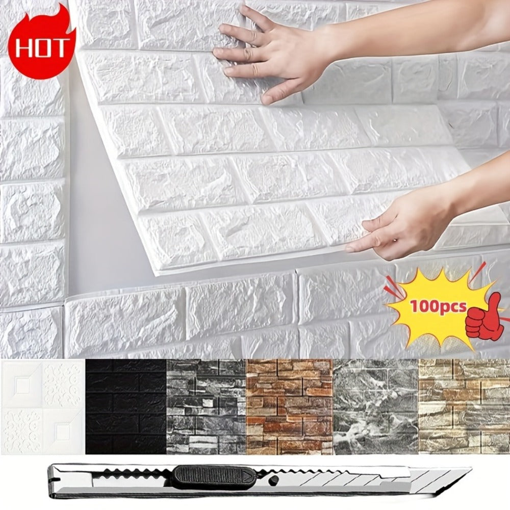 3D Foam Brick Wall Sticker 100 Pieces Self Adhesive Waterproof Soft Wallpaper Panel for Living Room Bedroom Bathroom Kitchen Home Decor White Rock Black Rock Red Marble Flower