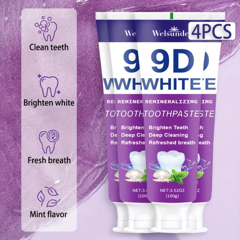 Remineralizing Toothpaste 4-Pack – 9D Purple Hypoallergenic Formula with Essential Oils, 400g Deep Cleaning Whitening Toothpaste for Sensitive Teeth, Gentle Gum Care & Fresh Breath, Daily Home & Travel Oral Hygiene