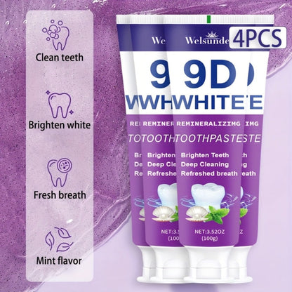 Remineralizing Toothpaste 4-Pack – 9D Purple Hypoallergenic Formula with Essential Oils, 400g Deep Cleaning Whitening Toothpaste for Sensitive Teeth, Gentle Gum Care & Fresh Breath, Daily Home & Travel Oral Hygiene