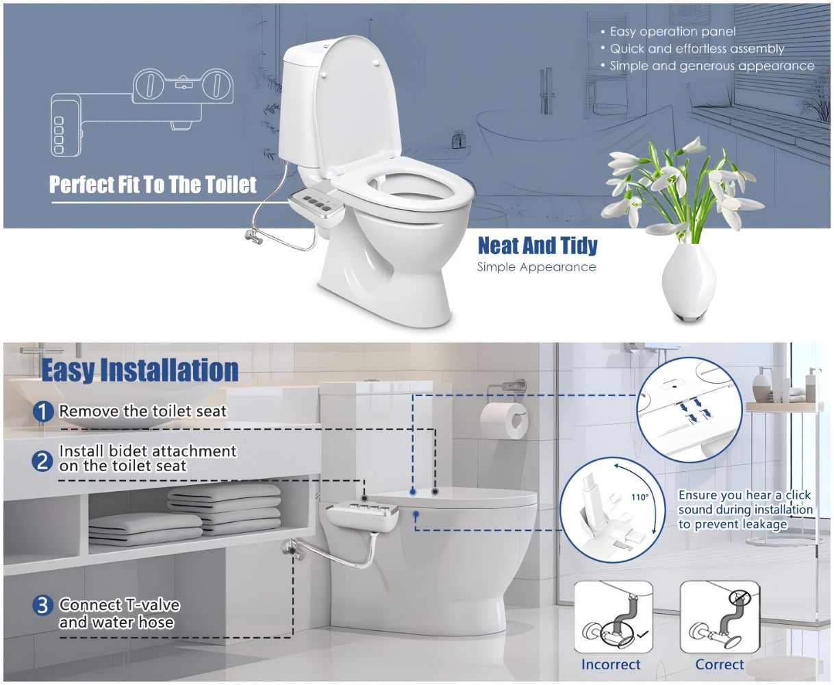Bidet Attachment for Toilet Ultra-Slim – Non-Electric Cold Water Sprayer, Retractable Self-Cleaning Nozzle, Adjustable Water Pressure, Easy Install Toilet Seat Bidet