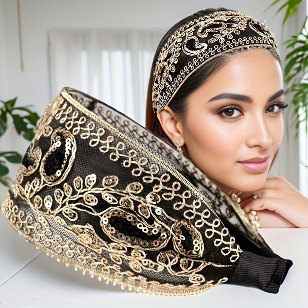 Wide Headbands for Women 2 Pack Lace Embroidered Sequin Flower Hair Hoops – Non-Slip Retro Chic Wide Hair Band for Daily Wear Spring Summer Styling Elegant Gift Set 2 Colors Black Red