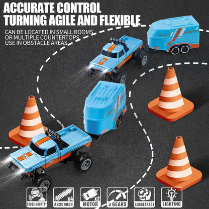 Mini RC Off-Road Truck with Trailer 1:64 Scale Die-Cast Remote Control Car – 2.4GHz Climbing Vehicle with Lights Rechargeable Adjustable Speed | Pocket-Sized RC Toy for Boys | Best Birthday Christmas Gift