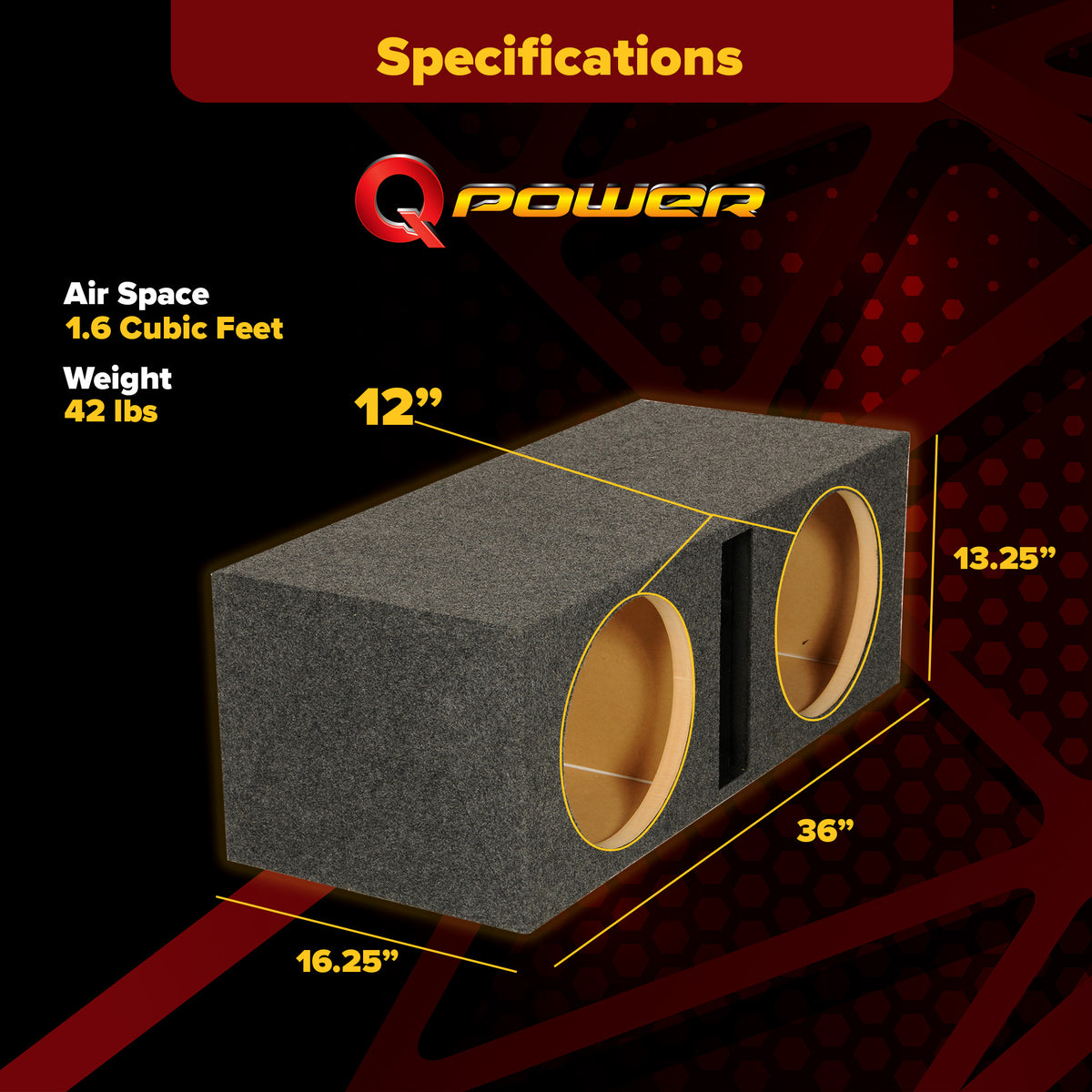 QPower QBASS Dual 12 Inch Heavy Duty MDF Material Car Audio Subwoofer Enclosure Boxes with Shared Slot Port Vent and Dual Chamber Design, Charcoal
