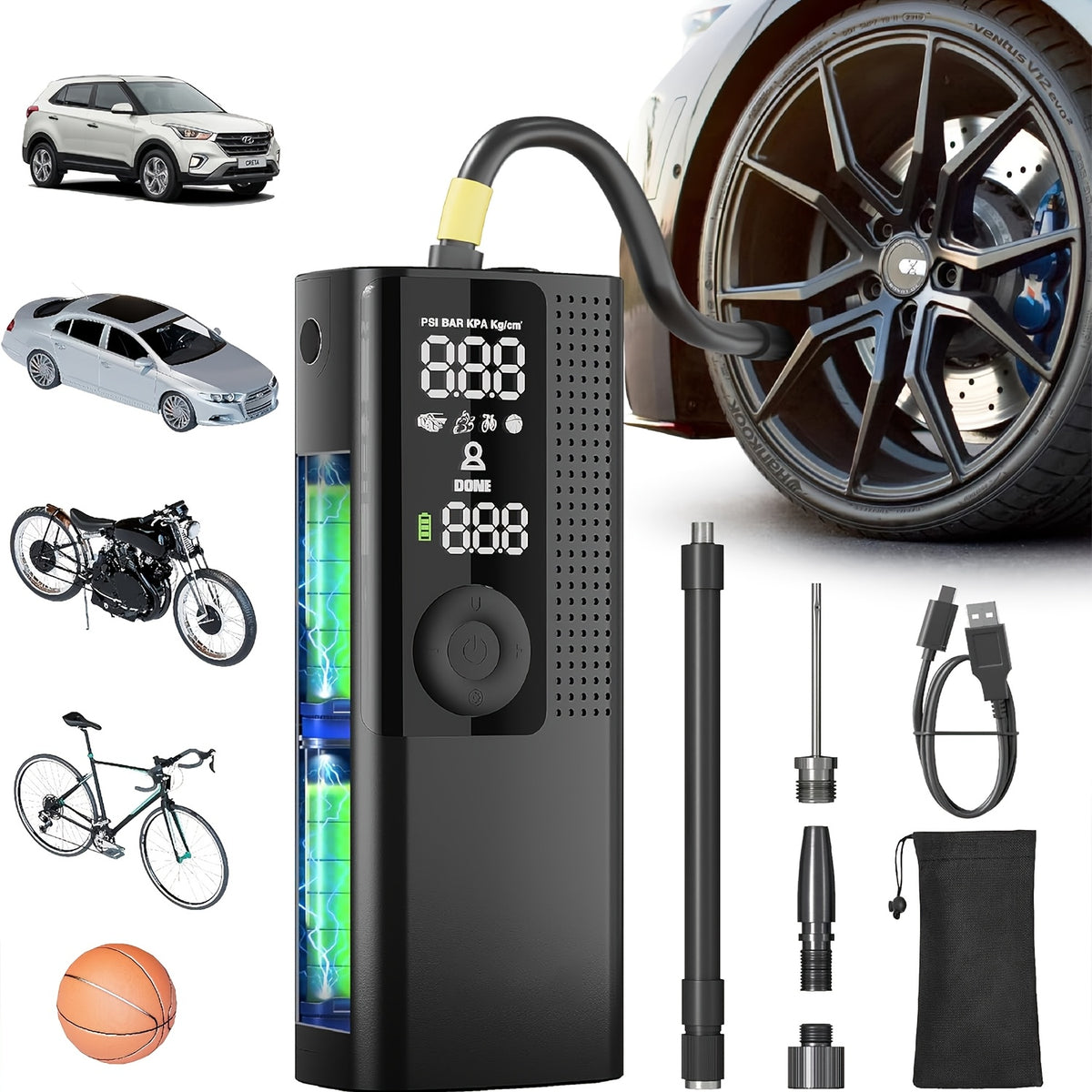 Portable Tire Inflator with Digital Pressure Gauge, Rechargeable Battery, LED Light, Cordless, Suitable for Cars, Motorcycles, Bicycles, And Balls
