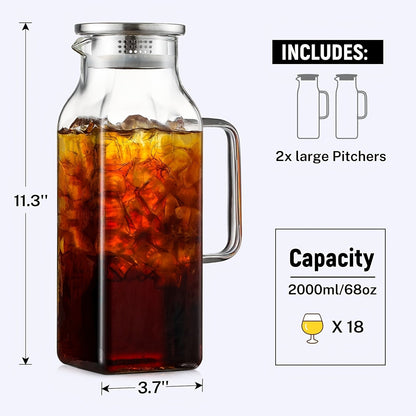 Glass Pitcher with Lid & Handle 68oz – Square Borosilicate Water Jug for Fridge | Heat Resistant Iced Tea Carafe, Cold Brew Coffee Server & Beverage Pitcher for Juice, Milk & Sangria