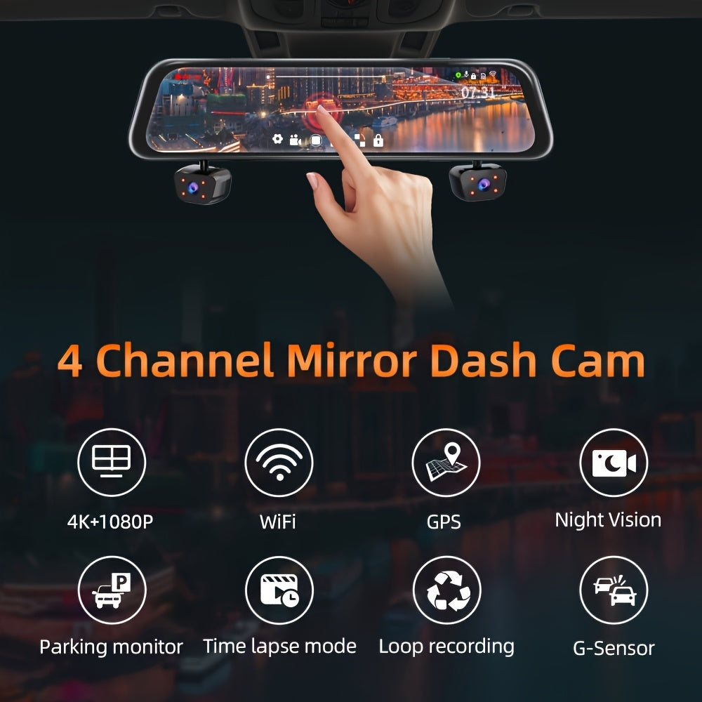11.66" Rearview Mirror Dash Camera for Vehicles Featuring a Touch Screen, Wifi, GPS, And Multi-Functionality. It Includes a 360° Camera, 4K+1080P Recording for Front, Back, Left, And Right Views, a Night Vision G-Sensor, Loop Recording