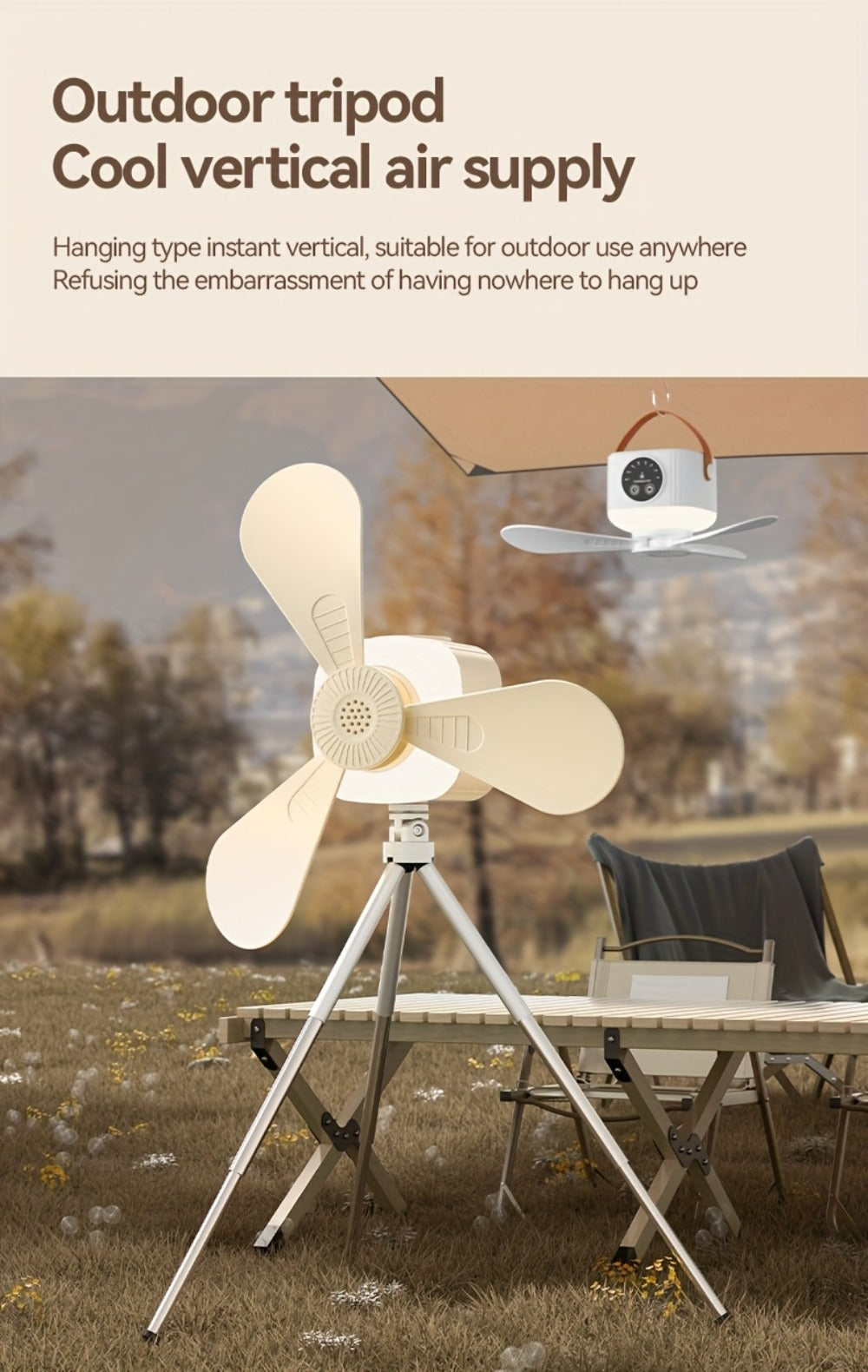 Camping Fan with Light & USB Rechargeable | Portable Outdoor Tent Fan with Tripod Stand, Detachable Blades, Adjustable Speed & Brightness for Camping, Bedroom, Dormitory & Travel Use – Silent Operation