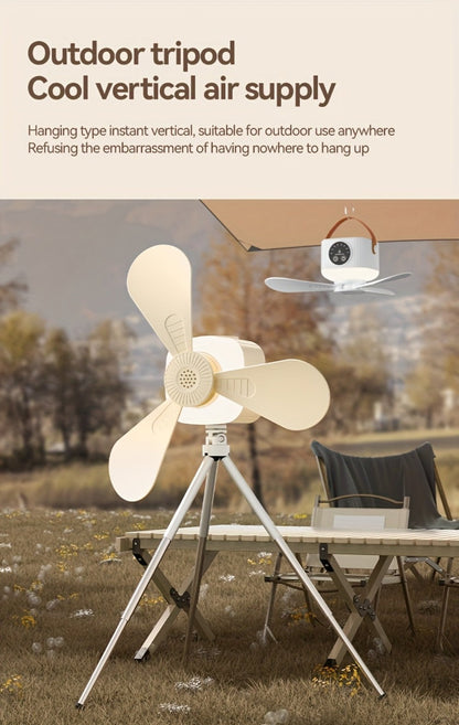 Camping Fan with Light & USB Rechargeable | Portable Outdoor Tent Fan with Tripod Stand, Detachable Blades, Adjustable Speed & Brightness for Camping, Bedroom, Dormitory & Travel Use – Silent Operation