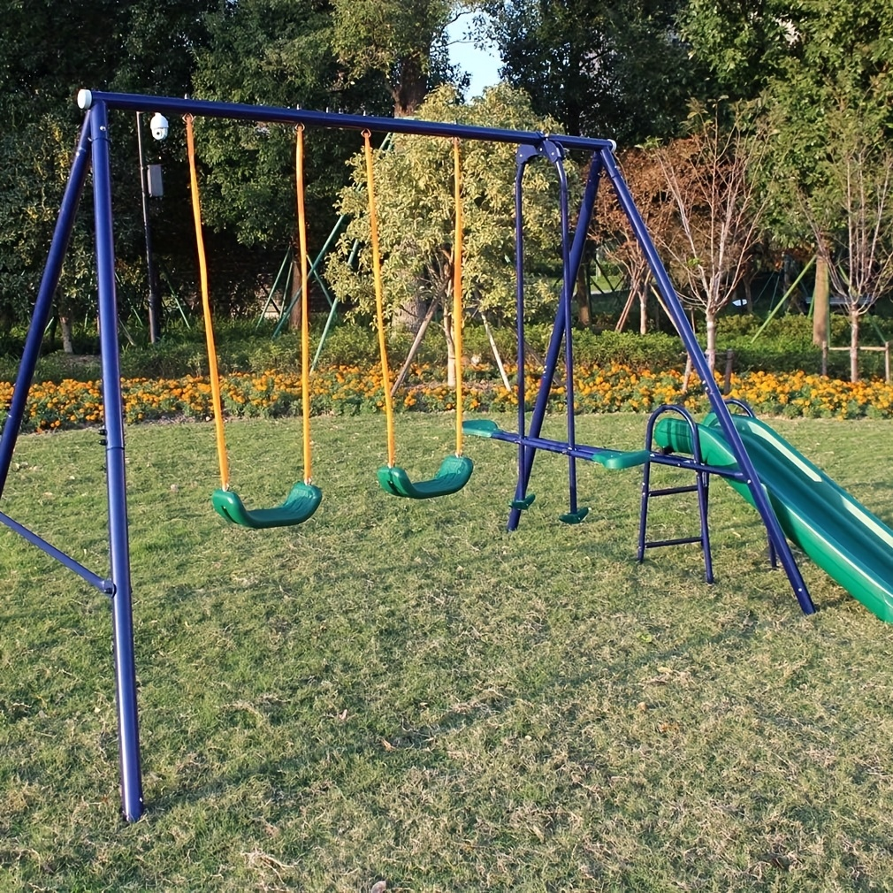 Heavy Duty A-Frame Metal Swing Set for Backyard with 2 Swings Slide Glider Seesaw Disc Seat Outdoor Playset for Kids Toddlers Backyard Play Structure
