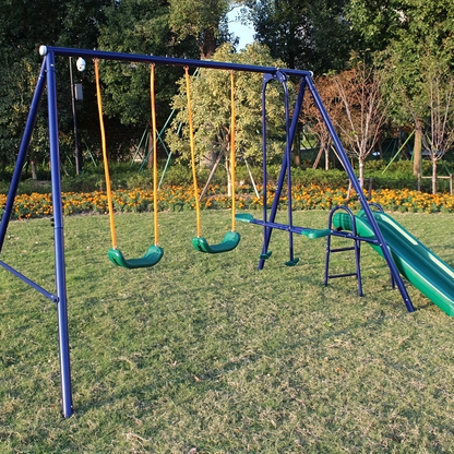 Heavy Duty A-Frame Metal Swing Set for Backyard with 2 Swings Slide Glider Seesaw Disc Seat Outdoor Playset for Kids Toddlers Backyard Play Structure