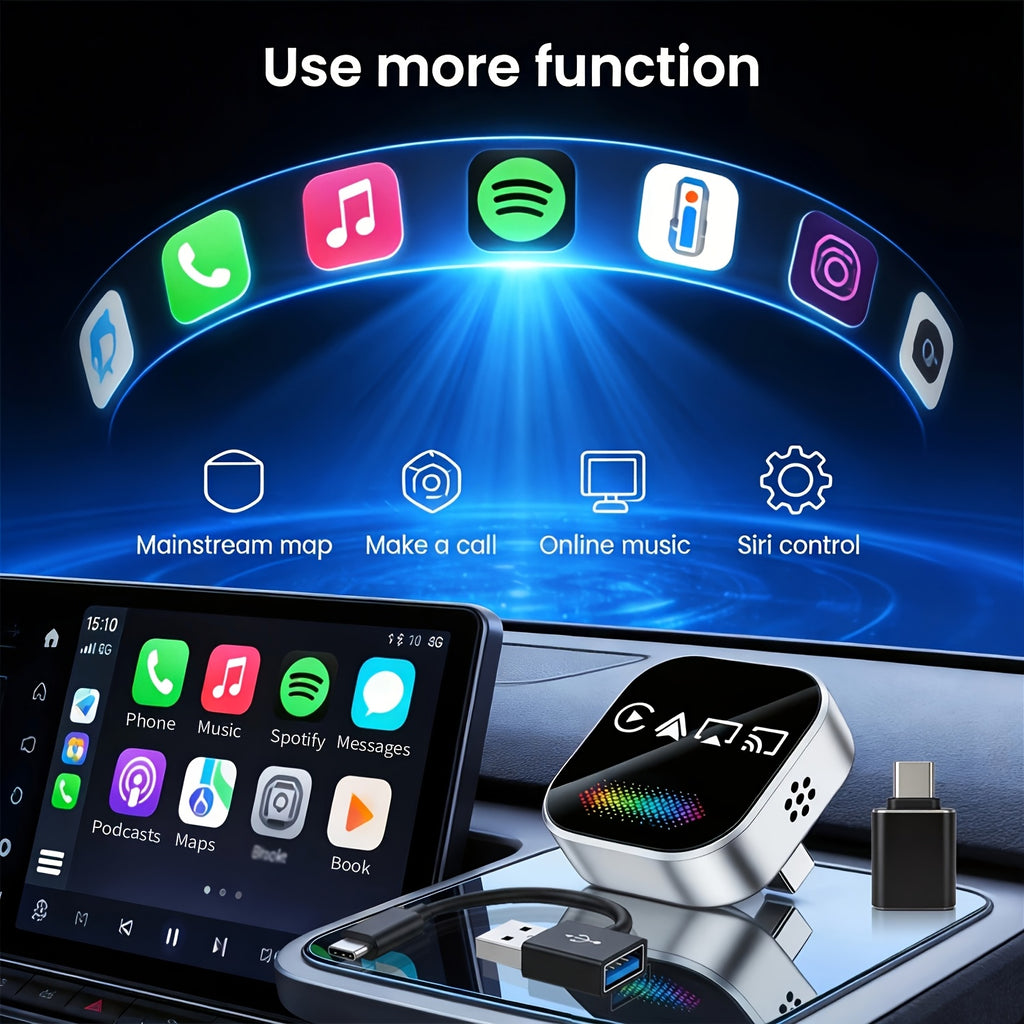 2026 Upgraded 4-in-1 Mini Wireless CarPlay Adapter, with Colorful Breathing Light, Plug & Play Wired to Wireless Converter for IOS CarPlay & Android Auto, BT 5.0, USB & USB-C Compatible
