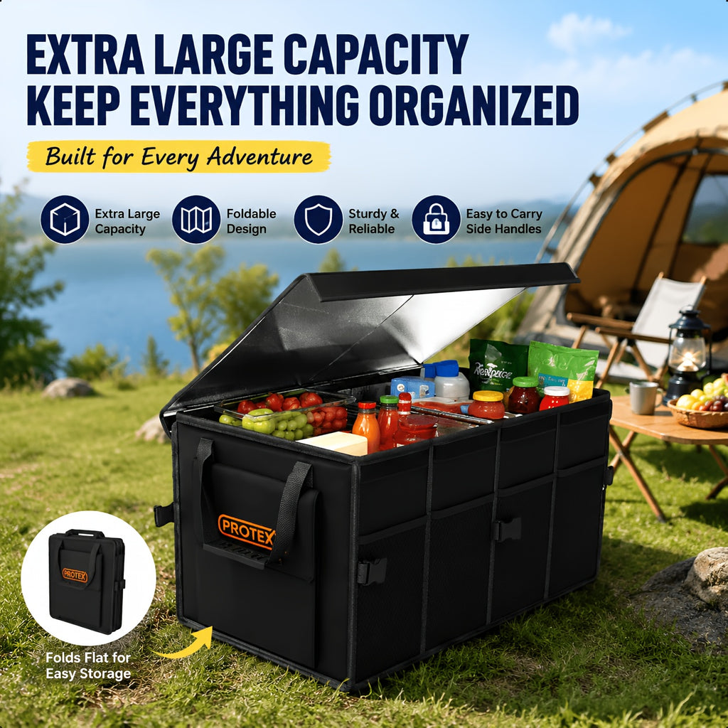 PROTEX Multifunctional Car Trunk Ice Pack (70 Liters) - Foldable with Lid, Cold And Heat Insulation, Large Capacity Organizer - Black Gray
