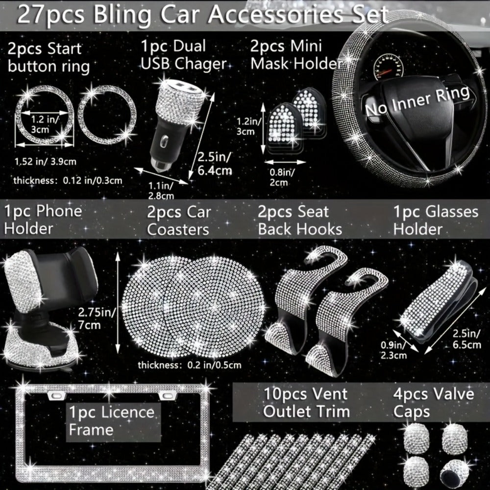 Bling Car Accessories Set 27pcs - Glitter Steering Wheel Cover 15 Inch, Bling License Plate Frame, Phone Holder & Car Coasters for Women & Men