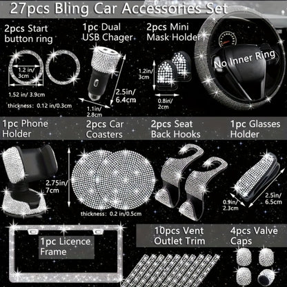 Bling Car Accessories Set 27pcs - Glitter Steering Wheel Cover 15 Inch, Bling License Plate Frame, Phone Holder & Car Coasters for Women & Men