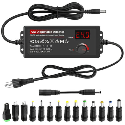 Adjustable AC to DC Power Adapter 72W - 3-24V Variable Power Supply with LCD Voltage Display, Knob Control, 15 Interchangeable Tips, Overvoltage & Short Circuit Protection, 100-240V Universal Input