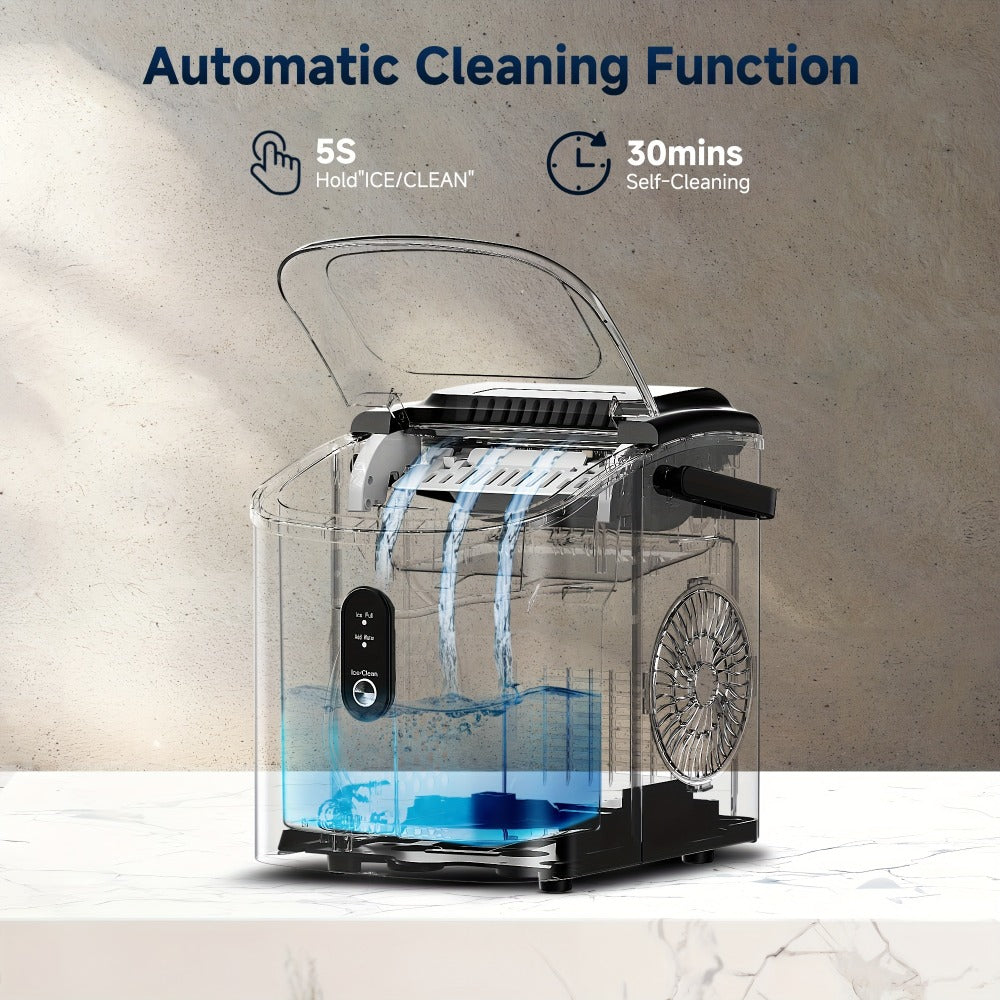 Portable Ice Maker Countertop – Bullet Ice Machine 26-29 Lbs Daily, 9 Ice Cubes in 6 Mins, Self-Cleaning, Quiet Under 45dB, with Handle, Basket & Scoop, for Home, Kitchen, Camping & RV