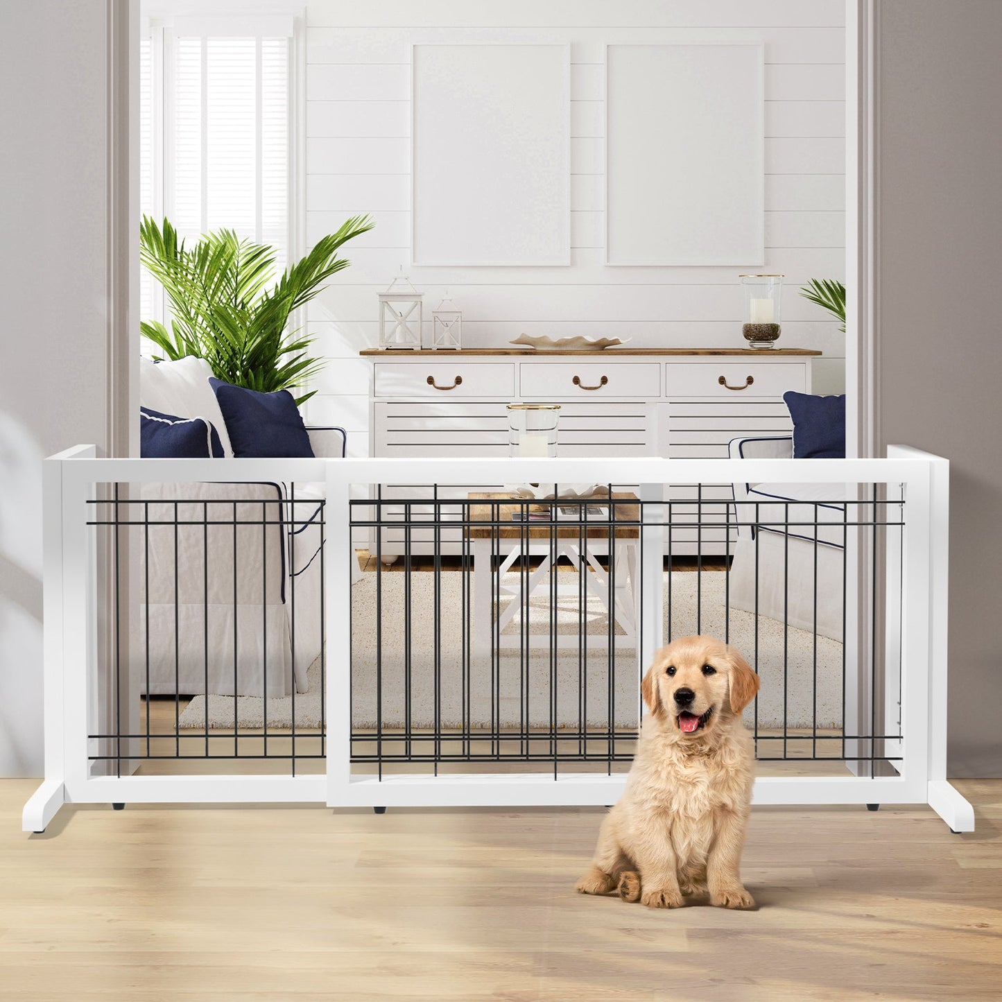 Freestanding Pet Gate for Dogs & Cats - Solid Wood Dog Gate for House, Adjustable 40" to 71" Wide, Indoor Dog Fence for Doorways Stairs Hallways, No-Drill Extra Wide Baby Gate