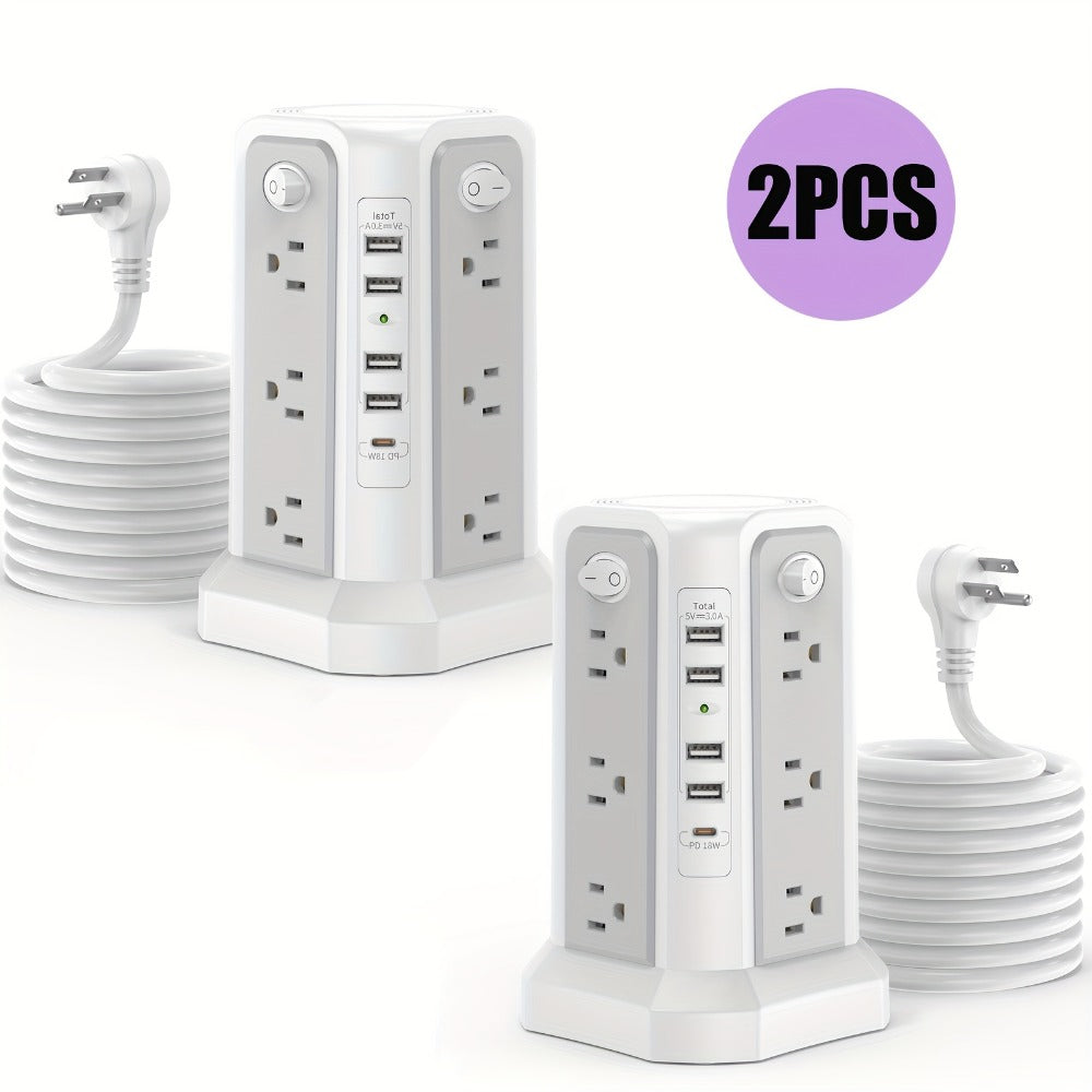 Power Strip Tower Surge Protector 16 AC Outlets 5 USB Ports PD20W USB-C Fast Charging Flat Plug Extension Cord 1500J Overload Protection Desktop Charging Station for Home Office Dorm