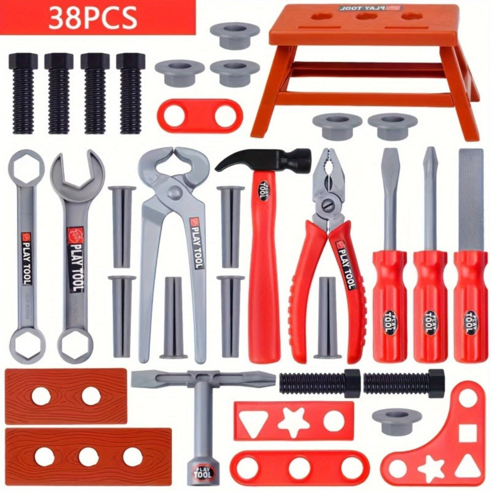 Kids Tool Set 38 Piece Pretend Play Construction Toy – Educational Simulation Toolbox Building Kit for Boys & Girls Ages 3+ Toddler STEM Gift for Birthday Christmas Holiday Red