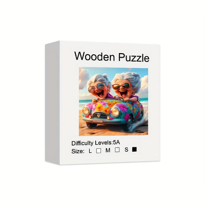Irregular Shaped Wooden Jigsaw Puzzle Happy Old Lady – Unique Animal Shape Wood Puzzle for Adults, Whimsical Modern Art Home Decor, Special Birthday Christmas Holiday Gift for Women Friends Family (S & L Sizes)