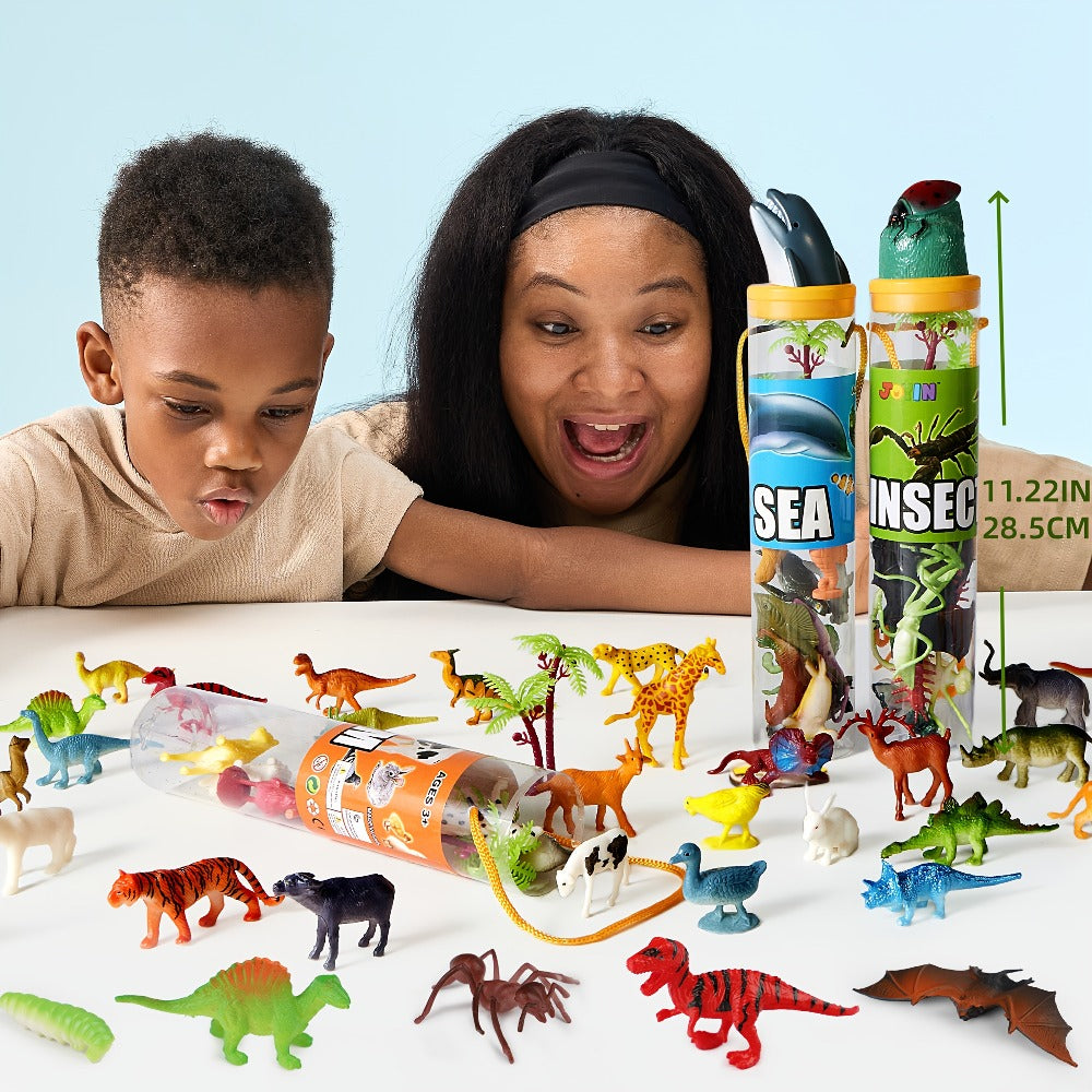 Animal Figures Toys for Kids 69pcs – 5-Set Nature World Mini Animal Figurines with Sensory Bin, Zoo, Ocean, Farm, Dinosaur & Jungle Animals, Easter Basket Stuffers & Birthday Party Favors