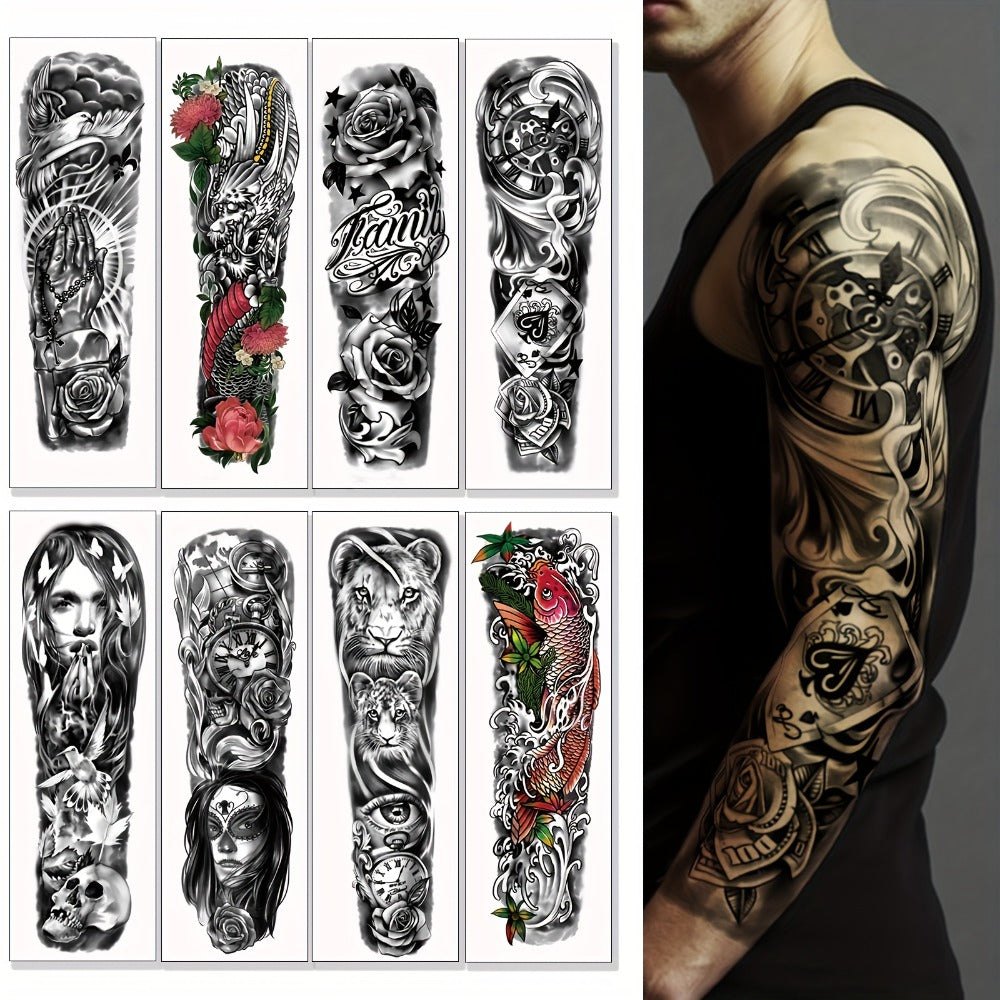 Full Arm Temporary Tattoo Stickers 8 Large Sheets Waterproof Long Lasting Black Realistic Koi Dragon Lion Floral Geometric Designs for Men Women Street Punk Festival Body Art