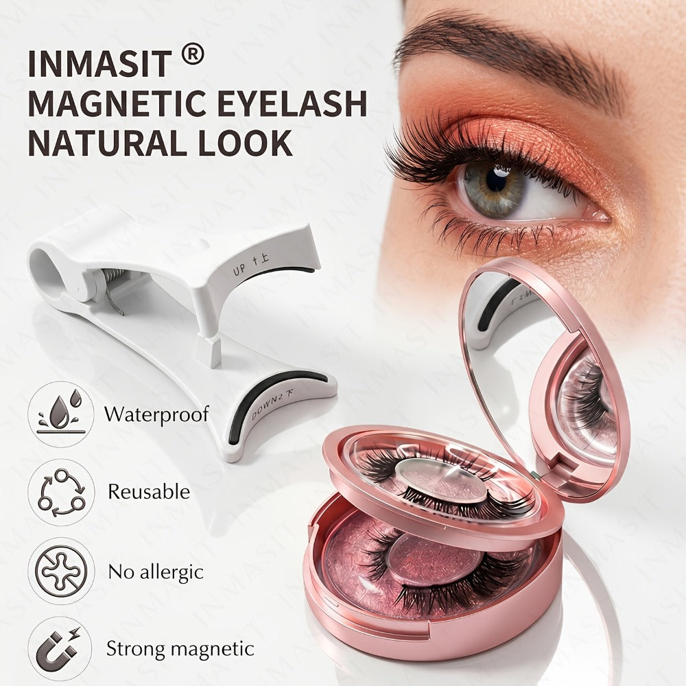 Magnetic Eyelashes Glue-Free Reusable False Lashes – Natural Wispy Fluffy Cat Eye Style, Waterproof & Sweatproof with Applicator & Storage Case, Black & Pink Set for Daily Wear, Parties & Beauty Gifts