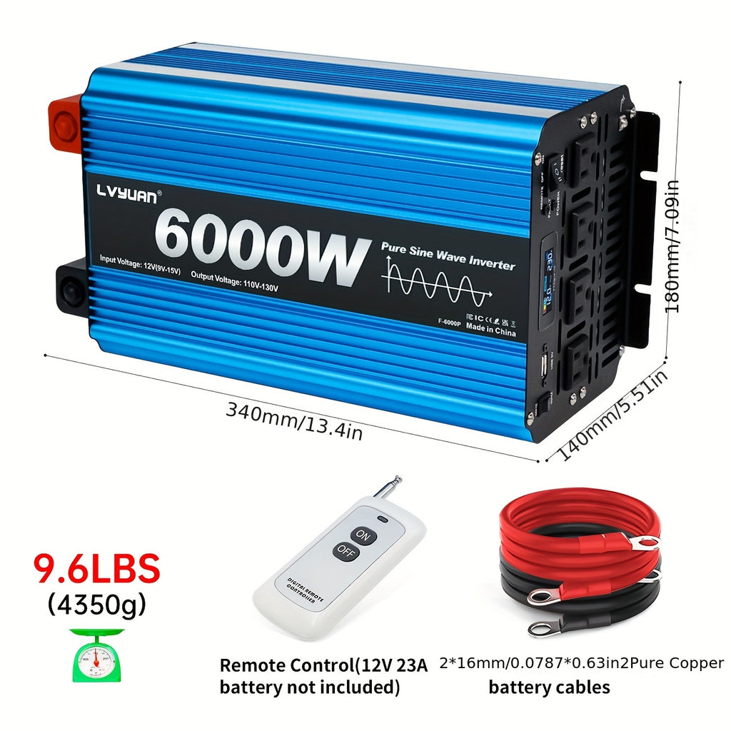LVYUAN 6000W Pure Sine Wave Power Inverter, 1000W/2000W Pure Sine Wave Inverter, 12V to 110V AC Power Inverter with 2 US Sockets, Dual USB Ports (3.1A), for Car, Home, RV, Gift