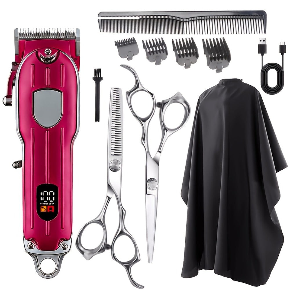 Barber Hair Clipper Kit for Men — USB Rechargeable Digital Size Adjustment, Complete Set with Scissors & 4 Limit Combs, Professional Home Barbering Grooming Set, Gift for Dad & Husband