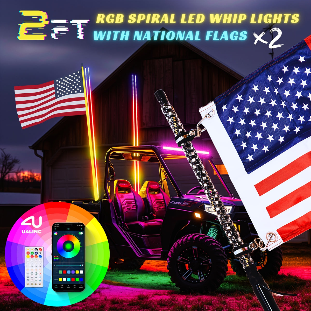 1 Pair (2pcs) 1ft/2ft/3ft/4ft Brighter RGB LED Whip Lights Flag Pole Remote And APP Control Color Changing Lamp Spiral RGB Music Chasing/Dancing Neon Light Whips for UTV ATV RZR SXS Side By Side Dune Buggy Offroad Truck (w/o Spring Base)