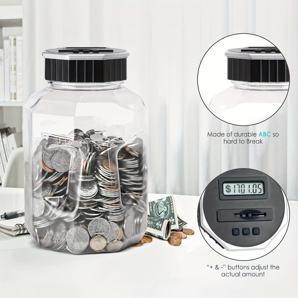 Digital Coin Counting Piggy Bank for Adults – Extra Large 2.4L LCD Counter Jar, Transparent Acrylic Money Saving Bank with Display, Silvery | Toy Play Nest