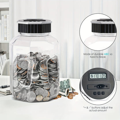 Digital Coin Counting Piggy Bank for Adults – Extra Large 2.4L LCD Counter Jar, Transparent Acrylic Money Saving Bank with Display, Silvery | Toy Play Nest