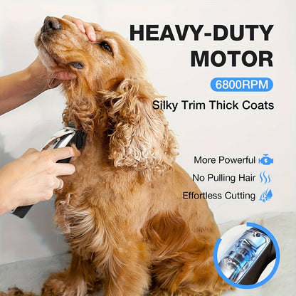 Dog Grooming Clippers Professional Kit - Low Noise Rechargeable Pet Hair Trimmer with Ceramic Blade, 8 Guards, Scissors & Comb for Dogs, Cats & Thick Coats