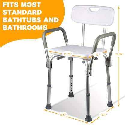 Shower Chair with Armrests & Backrest – Height Adjustable Aluminum Bath Seat, 350 LBS Capacity, Non-Slip Rubber Feet, Cushioned Support for Elderly, Disabled & Post-Surgery, Fits Most Showers & Tubs