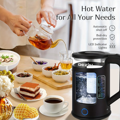 Glass Electric Kettle with Blue LED Light – 1.5L Borosilicate Glass Water Boiler, Auto Shut-Off & Boil-Dry Protection, Fast Heating Hot Water Kettle for Tea & Coffee – Azure, Black