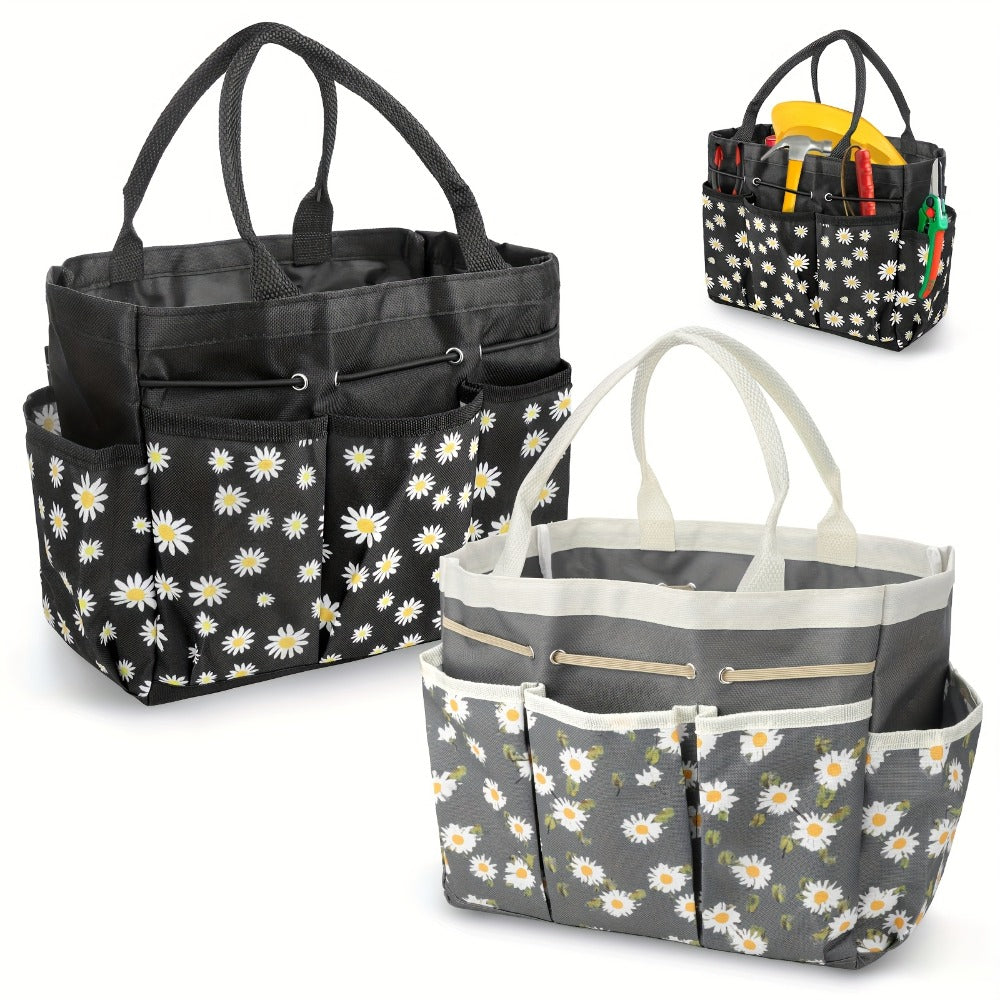 Garden Tool Bag Heavy Duty Multi-Pocket Organizer – Large Capacity Tool Storage Carrier Tote for Gardening, Lawn Care, Camping & Outdoor Work, Portable Daisy Pattern, Black & Gray (No Tools Included)