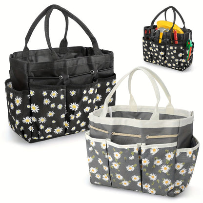 Garden Tool Bag Heavy Duty Multi-Pocket Organizer – Large Capacity Tool Storage Carrier Tote for Gardening, Lawn Care, Camping & Outdoor Work, Portable Daisy Pattern, Black & Gray (No Tools Included)