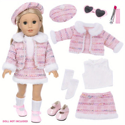 18 Inch Doll Knitted Clothes Outfit Set with Hat Jacket Skirt Shoes Socks Sunglasses Lipstick – Complete Baby Doll Accessories for 16-18 Inch Dolls Playing House Gift for Girls Birthday Christmas