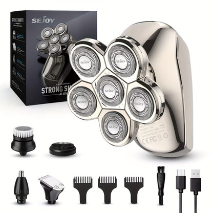 7D Head Shaver Bald Men 5-in-1 Waterproof Wet Dry Electric Razor – Type-C Rechargeable 6500-7500RPM Rotary Grooming Kit with Nose Hair Trimmer for Home & Travel, Perfect Gift for Men
