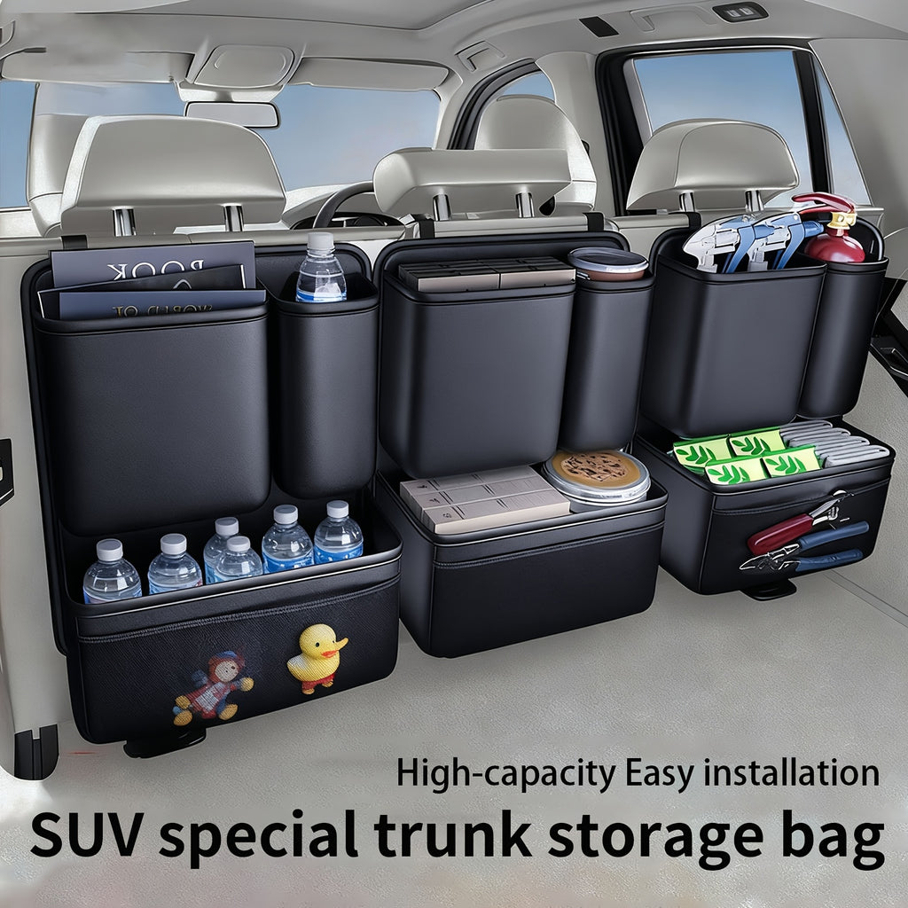 QIANKUNBAG Premium PU Leather Car Organizer Trunk Organizer with Multi-Pocket Storage, Adjustable Straps & Bottle Slots - Versatile Automobile Accessories for Organization And Travel