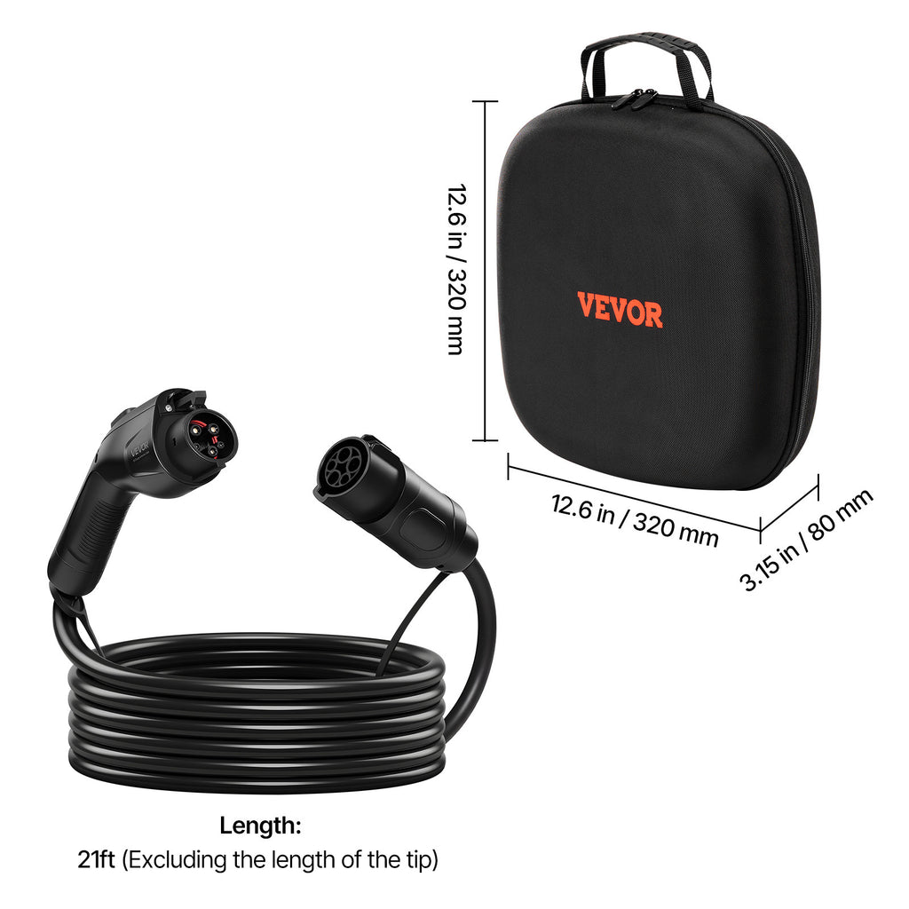 VEVOR EV Charger Extension Cable, 32Amp 21 ft J1772 Extension Cord Compatible with 120V-240V SAE J1772 Electric Vehicle Chargers, Level 1/Level 2 Heavy Duty Car Charging Cable with Carrying Bag