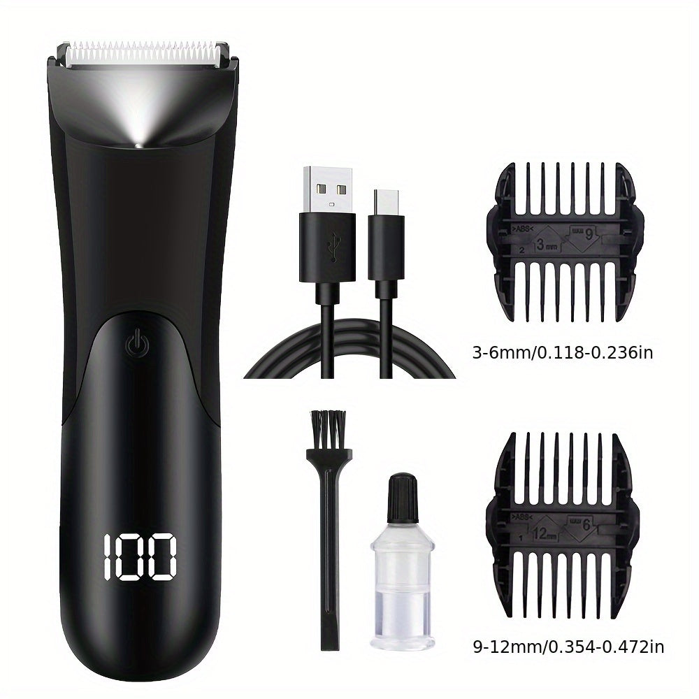 Ceramic Blade Groin Trimmer for Men USB Rechargeable Electric Body Hair Shaver Dry Wet Use 2 Protective Covers 500mAh Lithium Battery Pubic Chest Back Grooming Gift Valentine Father's Day